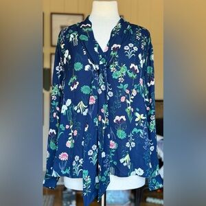 *NWT* LOFT / Valley Floral Split Tie Neck Long Sleeved Blouse / Navy / Medium